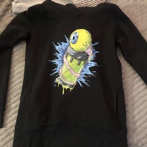 Black hooded sweatshirt with an eyeball and rest tube.